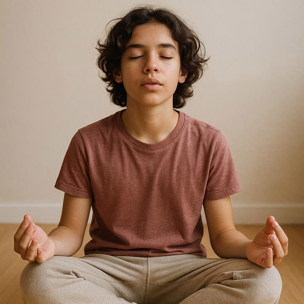 Mãos apoiadas sobre o abdômen mostrando respiração profunda, técnica simples de meditação de 10 minutos para ansiedade.